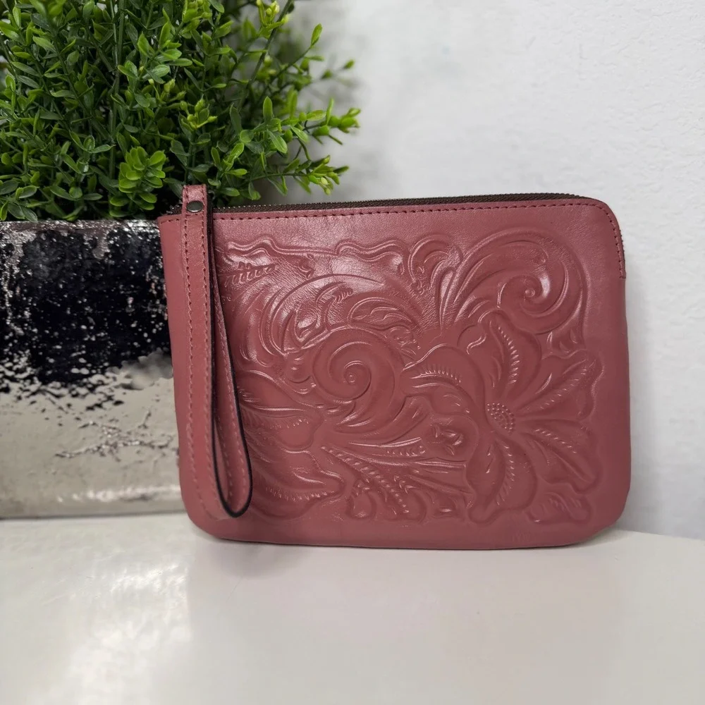 Patricia Nash Cassini Wristlet Clutch Womens‎ Pink Tooled Leather Floral Boho OS
